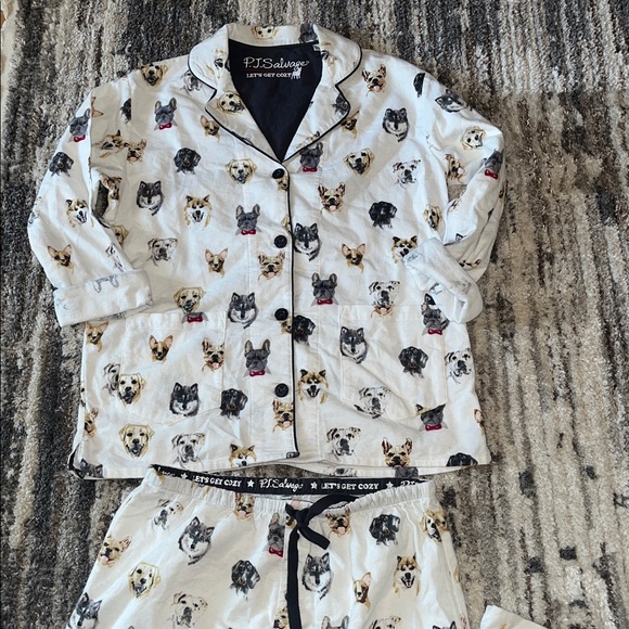 PJ Salvage Other - P. J. Salvage Cream Flannel Pajama Set with Dog Pattern long sleeves w/pockets